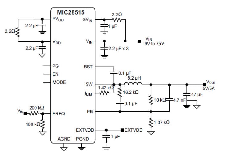 Application Circuit Diagram - Microchip Technology MIC28515 5A Switching Regulator